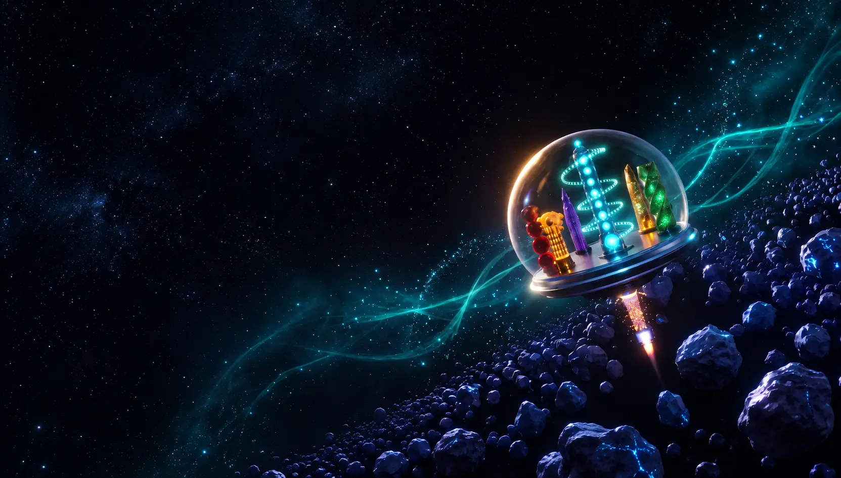 The City of Six Towers sealed beneath a glass dome, cruising on a jet of light through a field of glittering asteroids