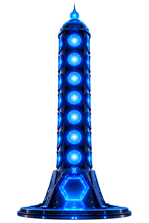 A blue tower with ornate spires rising from a circular platform