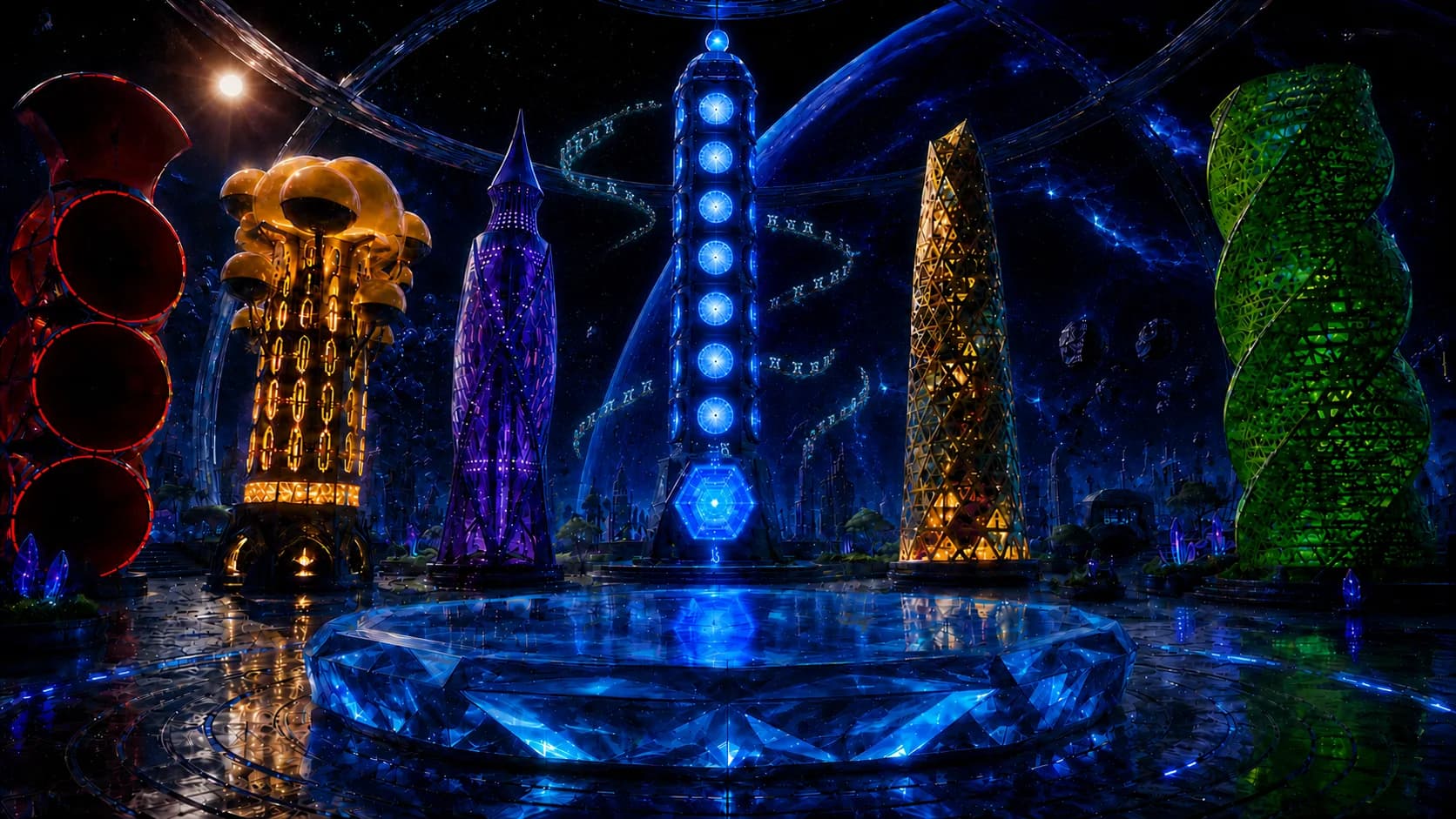 Glowing towers around the central piazza of the City of Six Towers